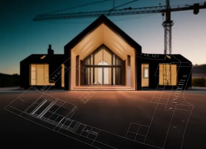 The modern house with large windows, under construction, showcases the art of Renovation Mastery. A crane looms in the background, while transparent architectural plans overlay the image's bottom, blending vision and reality.