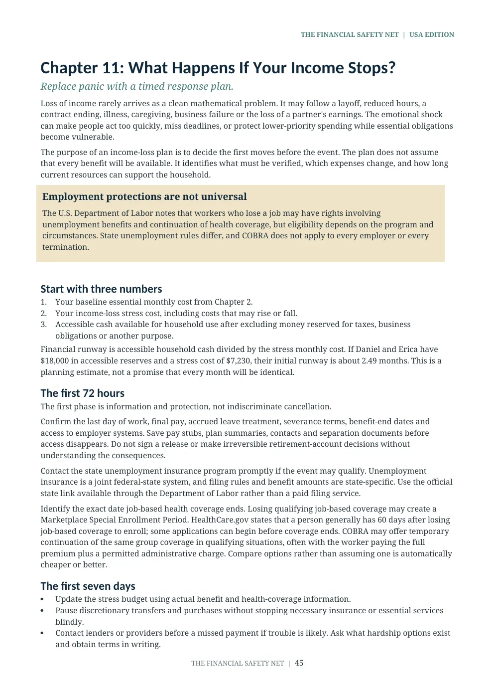 Sample page from The Financial Safety Net PDF: what to do in the first 72 hours and seven days after income stops