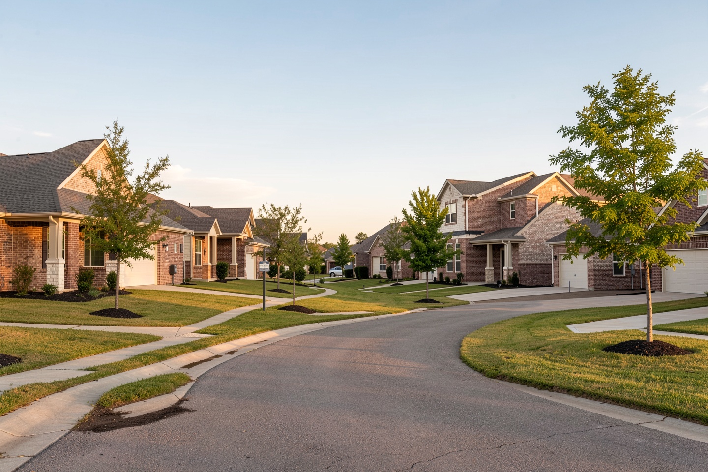 Newer subdivision street in Lavon, TX with one- and two-story brick homes