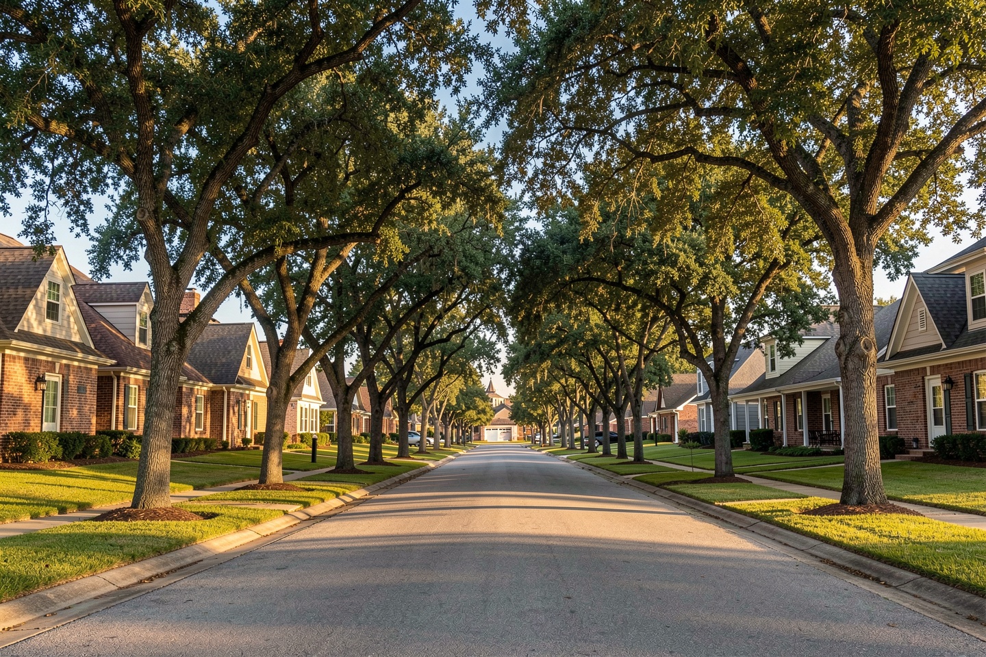 Tree-lined street of traditional brick homes in an established McKinney, TX neighborhood