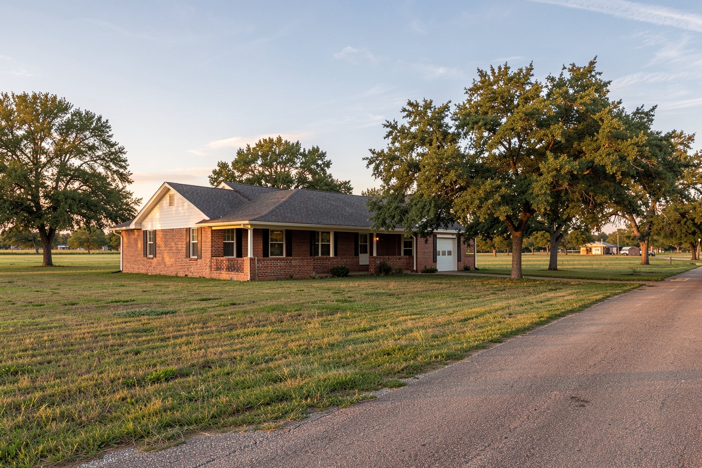 Ranch-style brick home beside an open field in rural Nevada, TX