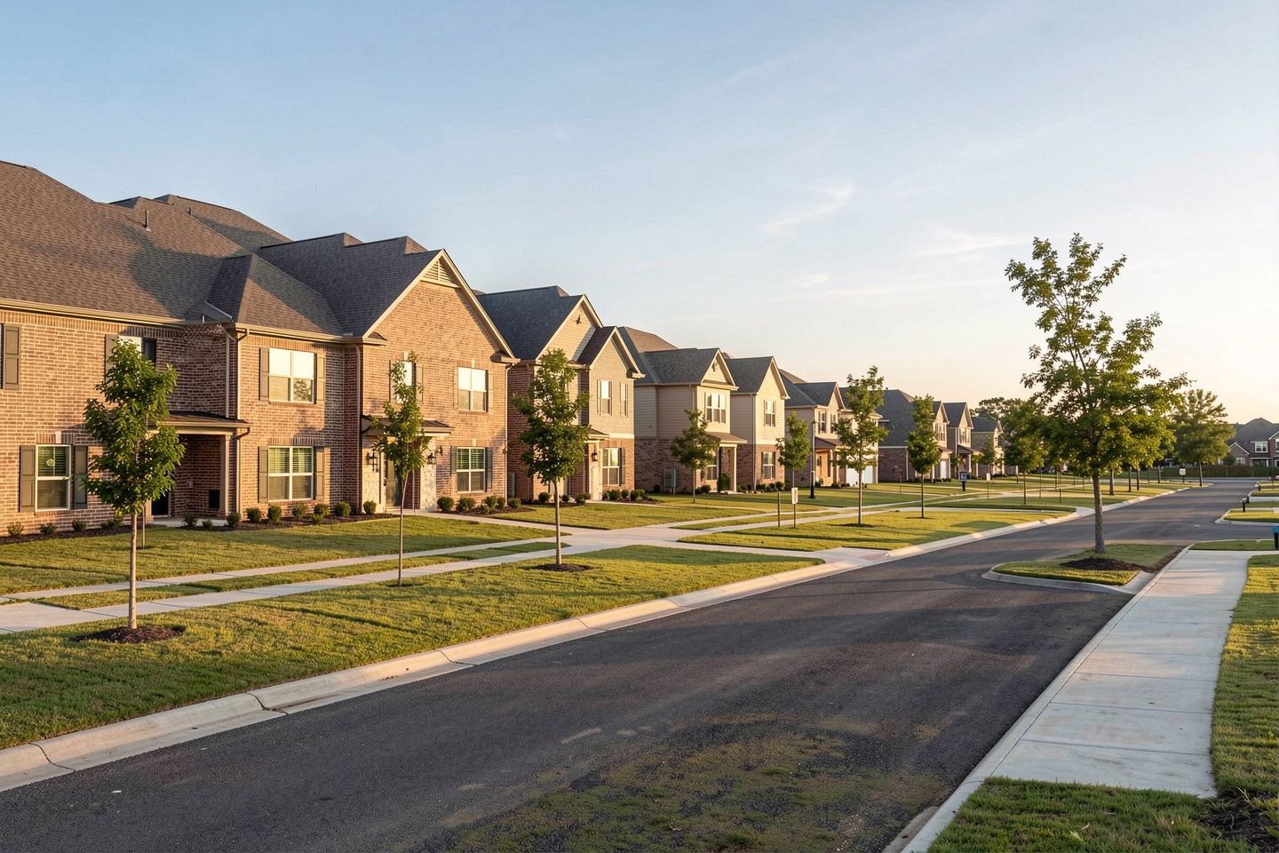 Rows of newly built brick homes in a new Princeton, TX residential development