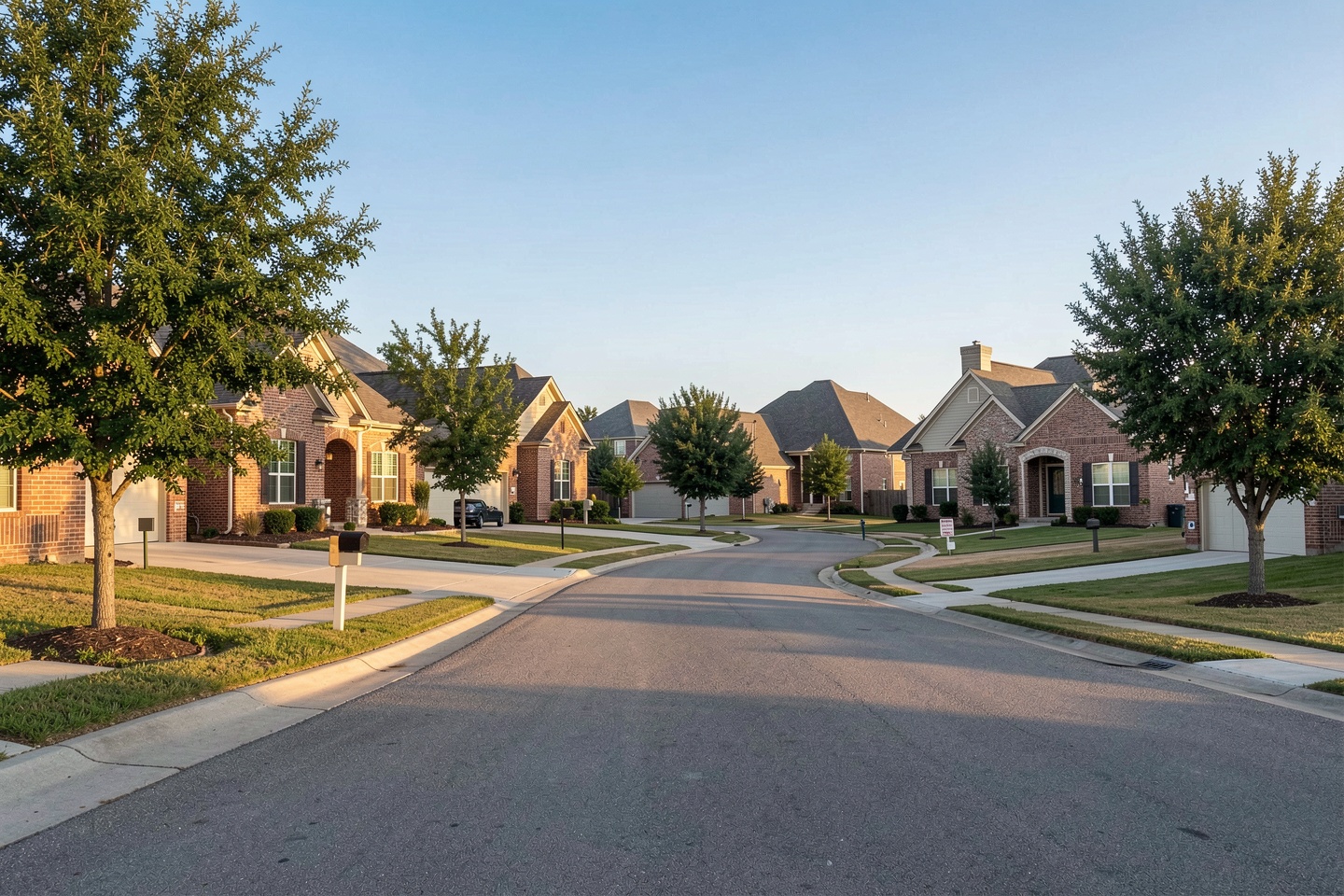 Quiet Sachse, TX neighborhood street with established and newer brick homes