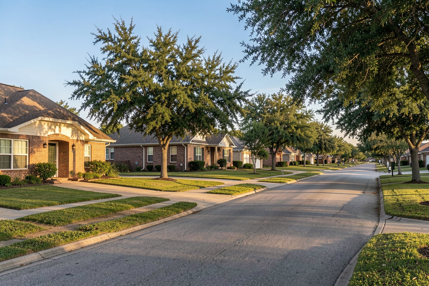 Established Carrollton, TX street with 1980s and 1990s brick homes and mature shade trees