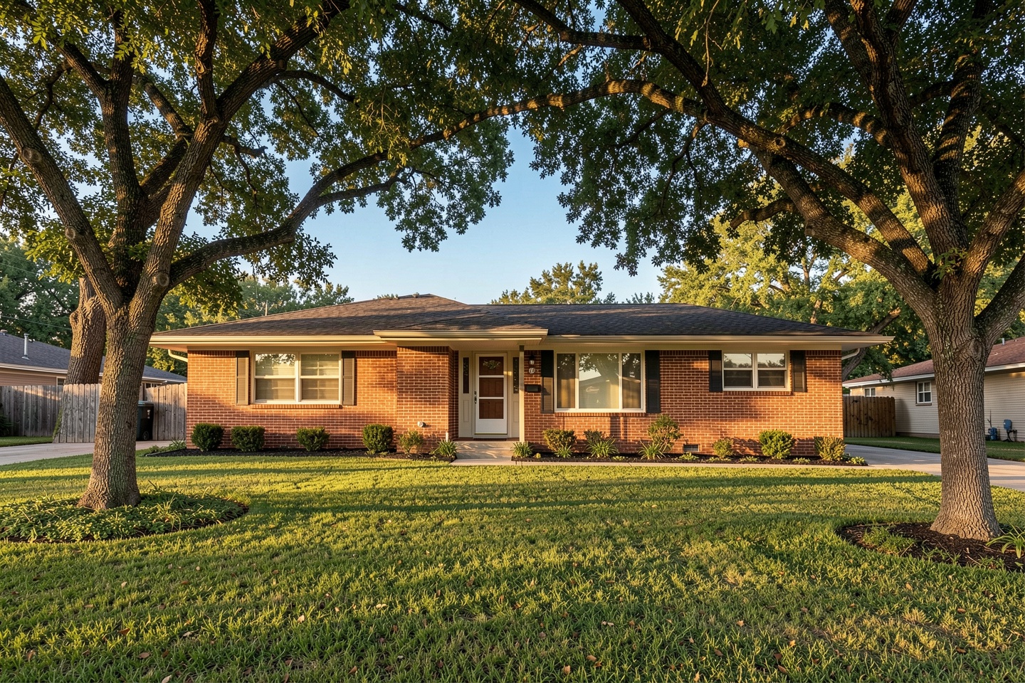 Mid-century brick ranch home under mature shade trees in Richardson, TX