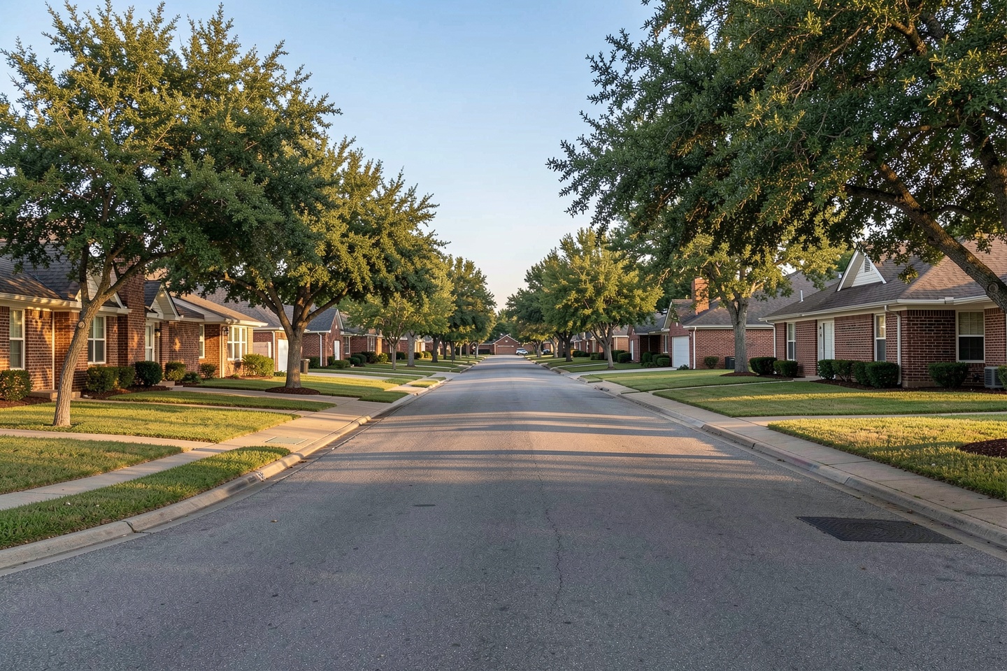 Established Euless, TX neighborhood street with 1970s and 1980s brick homes