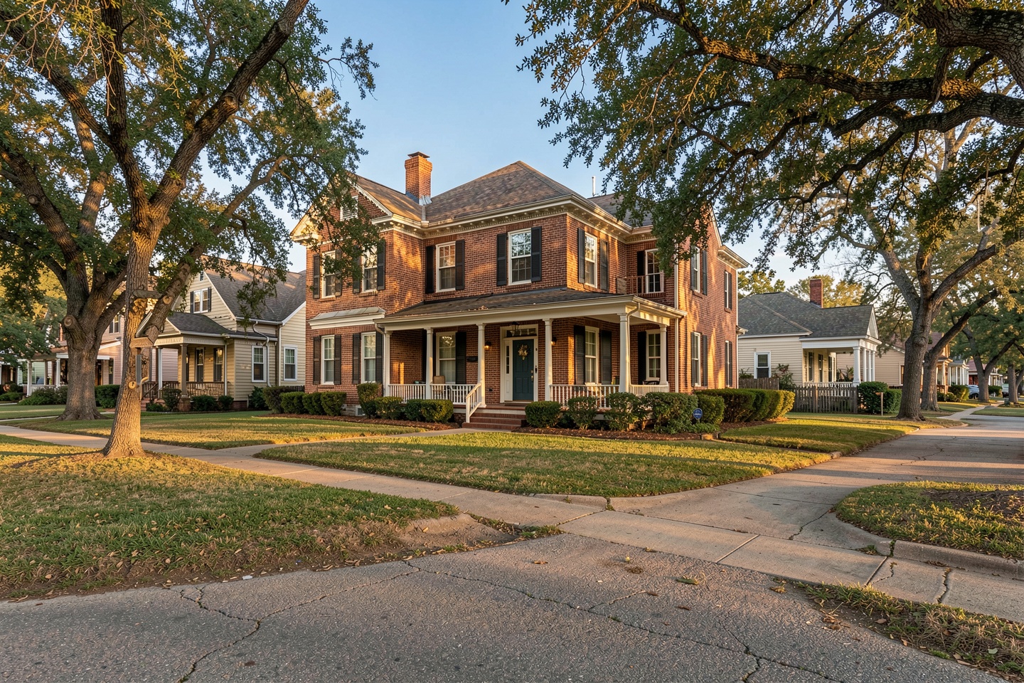 Older brick home with a front porch in an established Fort Worth, TX neighborhood