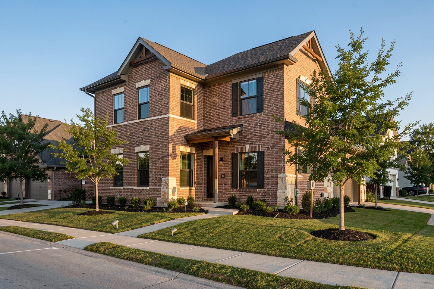 Newer two-story home with brick and modern accents in Keller, TX