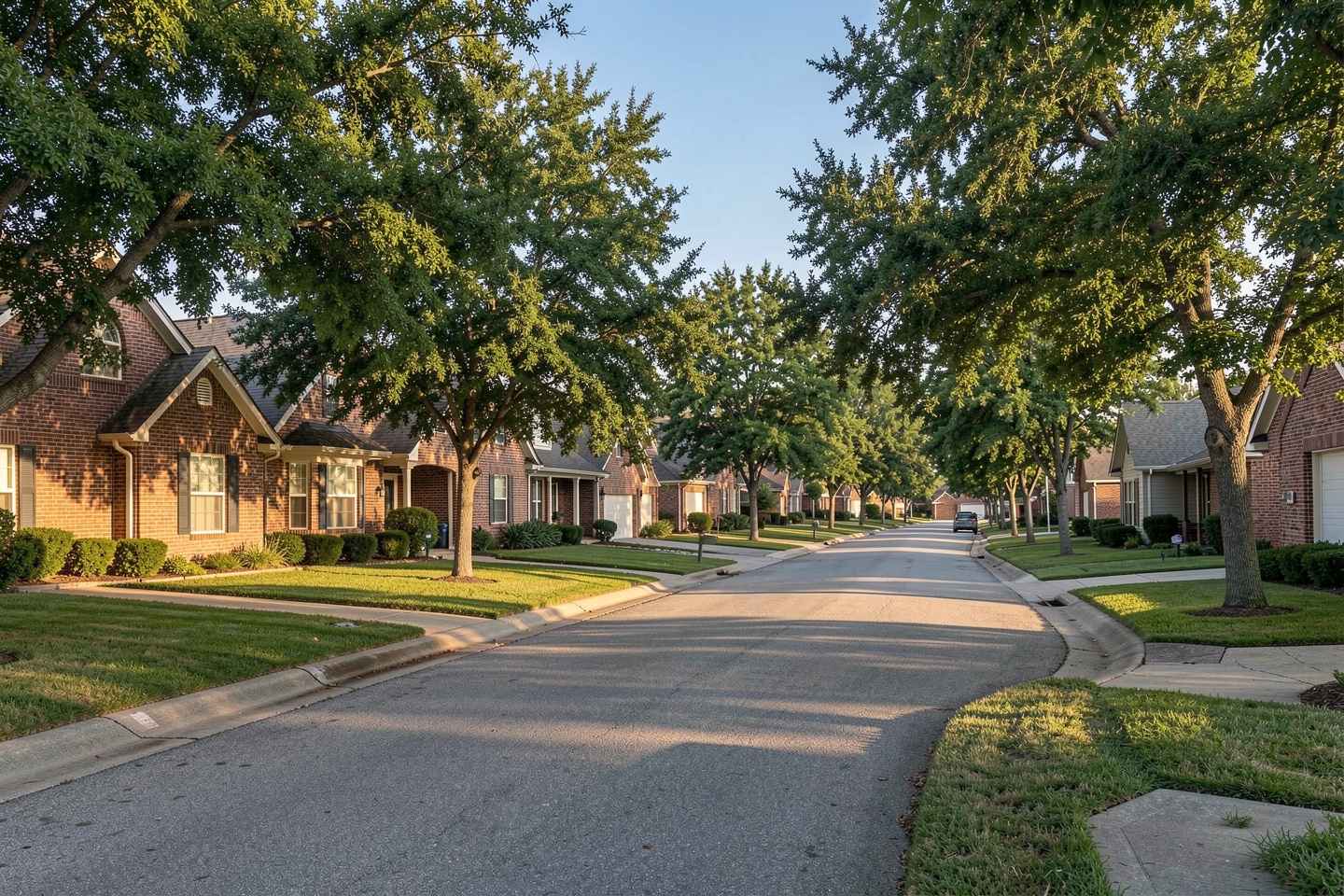 Established Lewisville, TX street with 1980s and 1990s brick homes