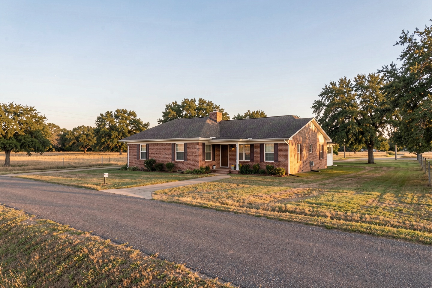 Ranch-style brick home on a quiet street in rural Krum, TX