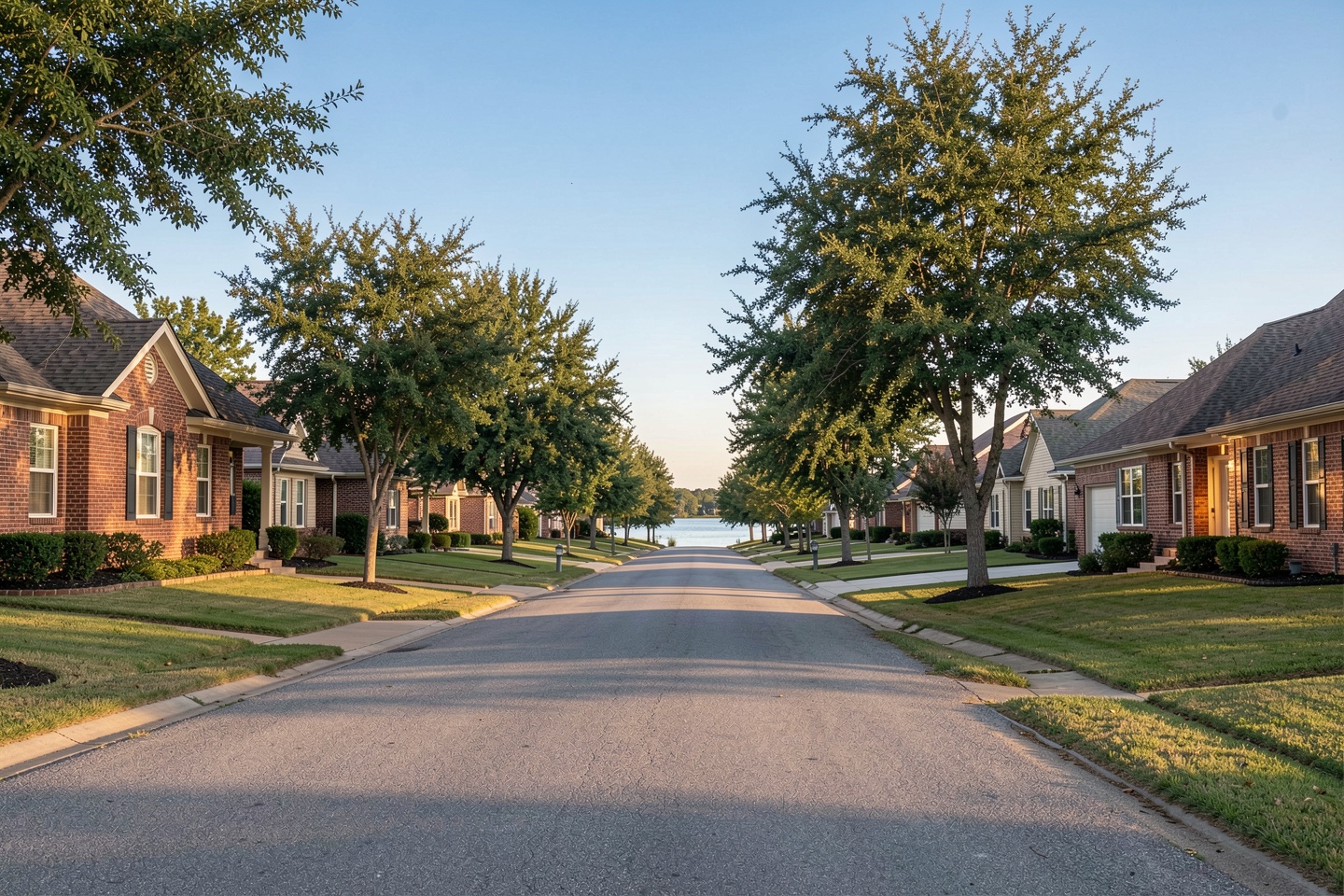 Established street of brick homes with mature trees in The Colony, TX