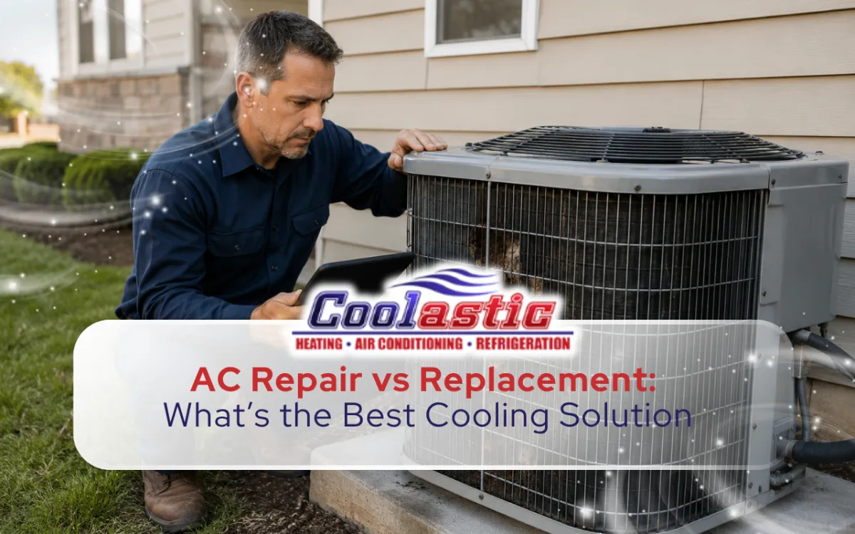 Technician evaluating AC repair vs replacement options for a home