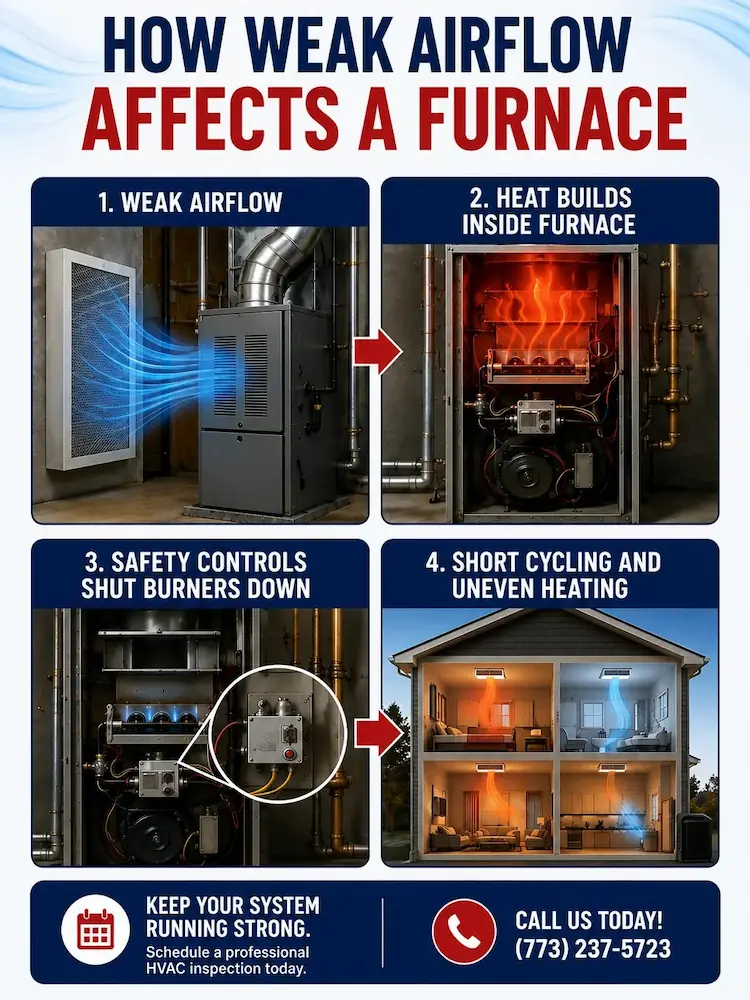 Infographic showing how weak airflow affects a furnace, causing heat buildup, safety shutdowns, short cycling, and uneven heating.