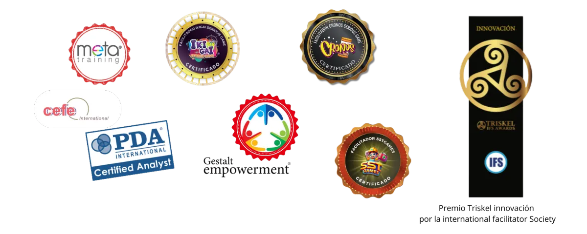 Certificaciones: Meta Training, IKIGAI Serious Game, Cronos, CEFE International, PDA Certified Analyst, Gestalt Empowerment, SST Games, Premio Innovación Triskel IFS