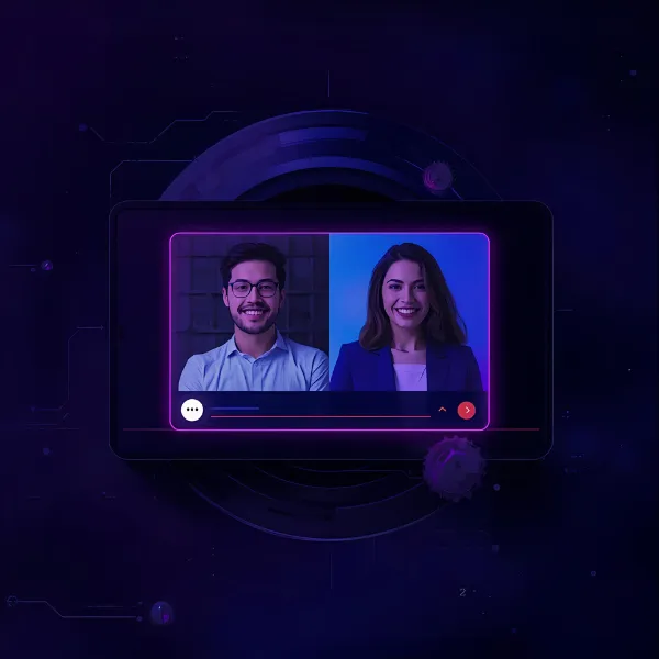 A digital illustration of a video call displayed on a tablet screen, showing a man and a woman side-by-side in a split view. Both appear smiling and well lit with blue and purple neon tones. The interface includes a chat bar and call controls beneath the video, set against a futuristic dark background with glowing circular and circuit-style elements.