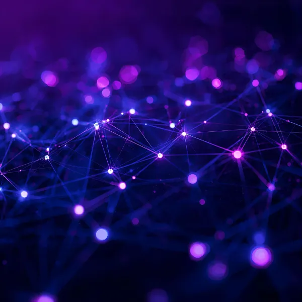A dense network of glowing purple and blue nodes connected by thin lines, forming a digital web-like pattern on a dark background.
