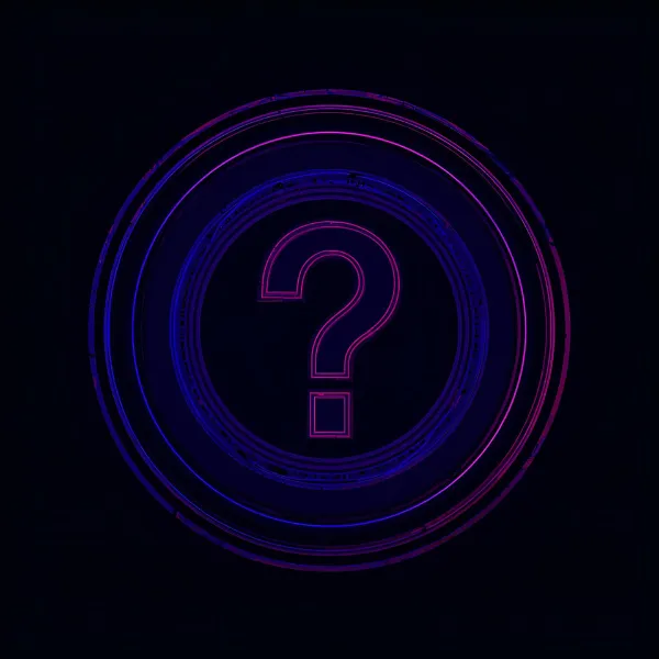 A neon purple question mark centered within multiple concentric circular rings on a dark techno-style background.