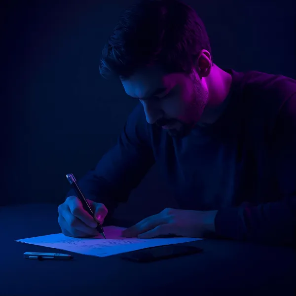 Man writing on paper at a desk, focused and leaning over his work, lit with dramatic blue and magenta lighting.
