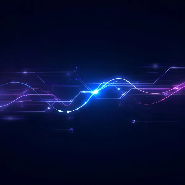 A glowing digital waveform made of neon blue and pink light trails flowing horizontally across a dark futuristic background.