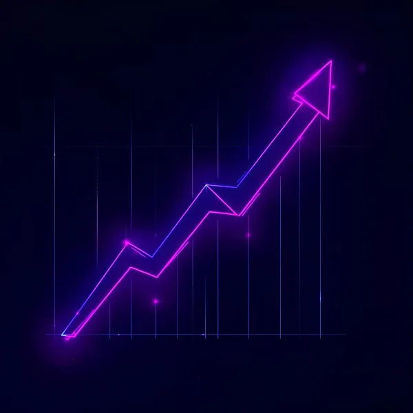 Neon purple and blue glowing arrow graph trending upward against a dark background with faint grid lines and digital light streaks