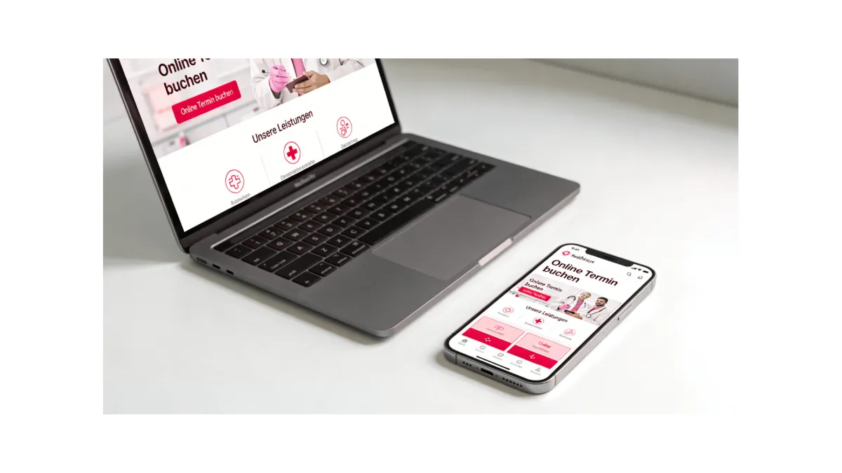Moderne Arztpraxis-Website auf Laptop und Smartphone mit Online-Terminbuchung und Leistungsübersicht