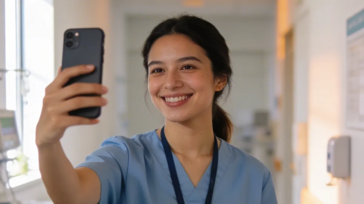 Pflegerin in Arbeitskleidung filmt ein kurzes Recruiting-Video für Instagram Reels in einer Klinik – authentisches Video-Recruiting im Gesundheitswesen
