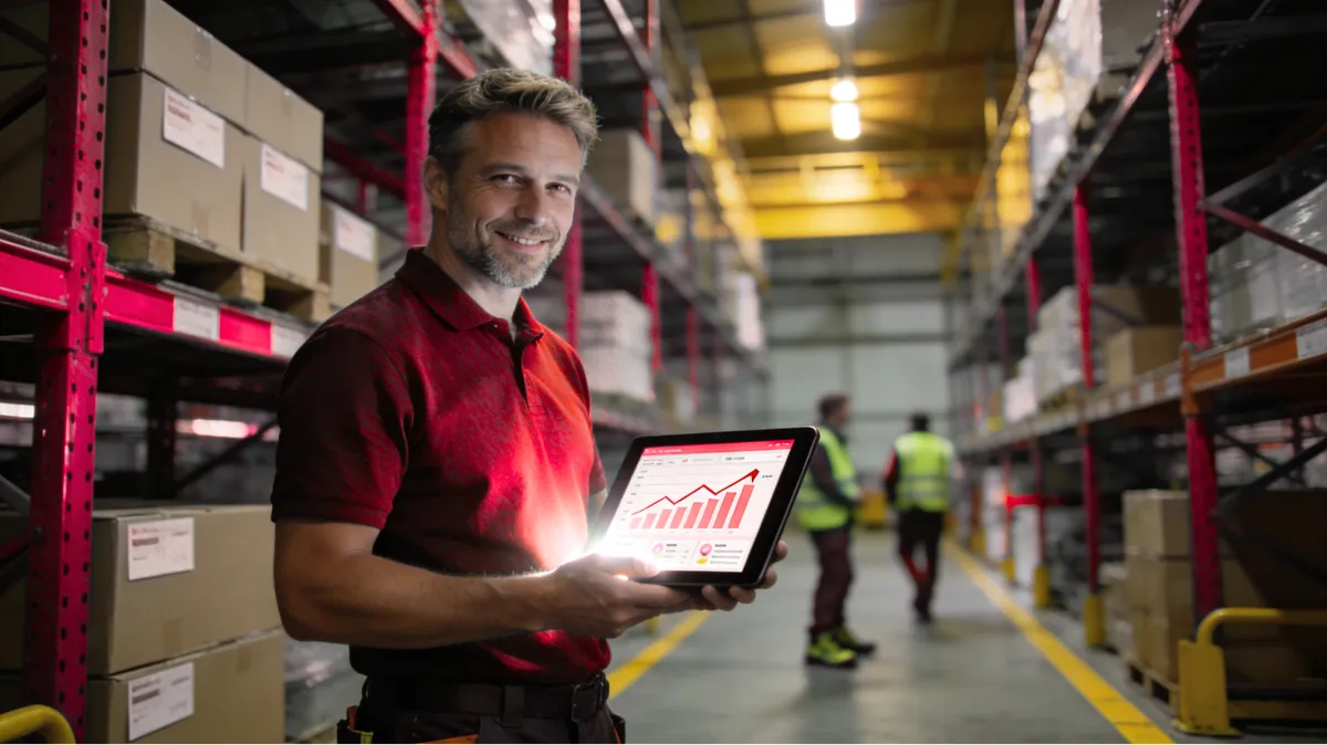 Logistik-Manager mit Tablet analysiert Case Study Ergebnisse im Lager – B2B Recruiting und Neukundengewinnung