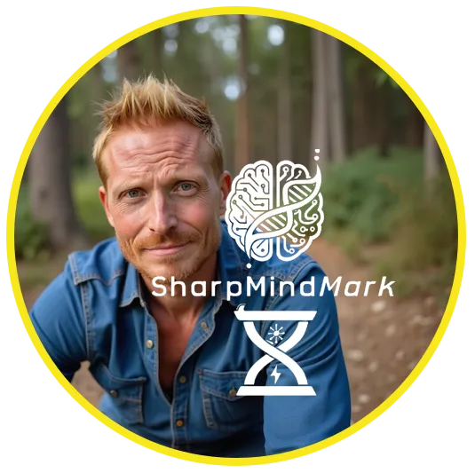 Professional portrait of Mark, a midlife man with a friendly, intelligent expression, wearing a blue shirt, standing in soft natural light with a blurred modern office background. The image conveys trust, energy, and approachability.