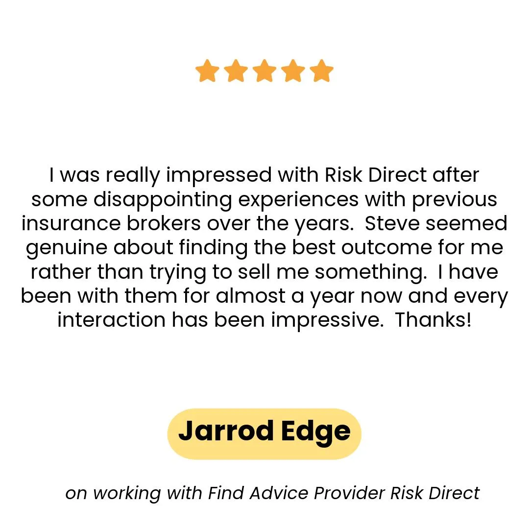 Jarrod Edge shares their positive experience with Risk Direct. 'Testimonial content.
