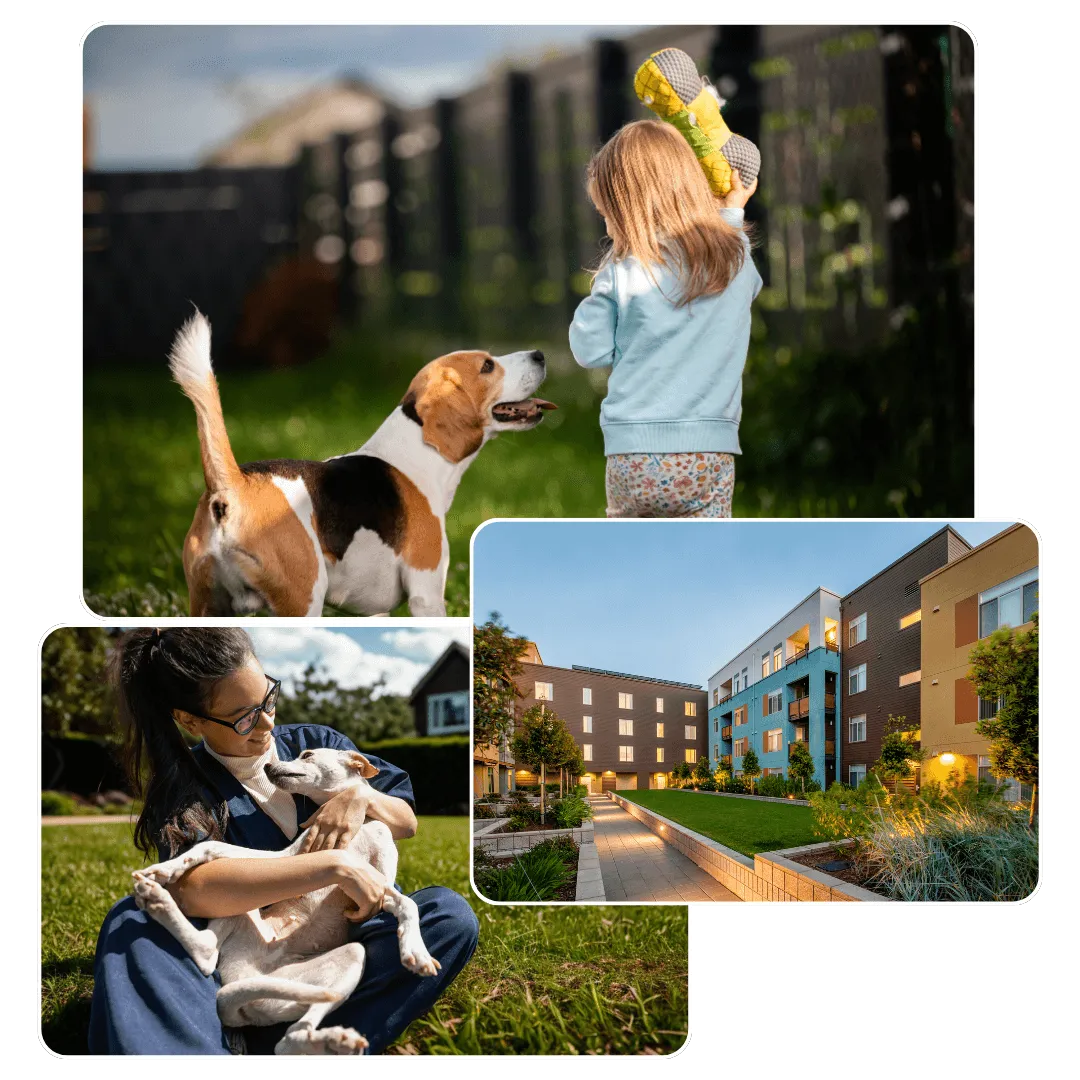 Image of do ith girl playing in garden, woman cuddling with her dog and an image of a clean garden in apartment complexa