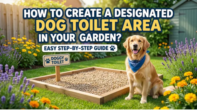 dog sitting next to a designated dog toilet in garden
