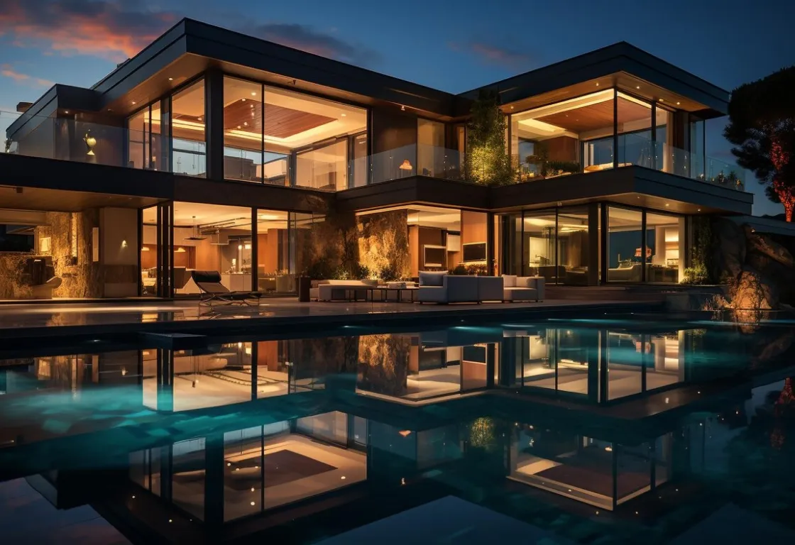 Mordern Home with pool as sunset