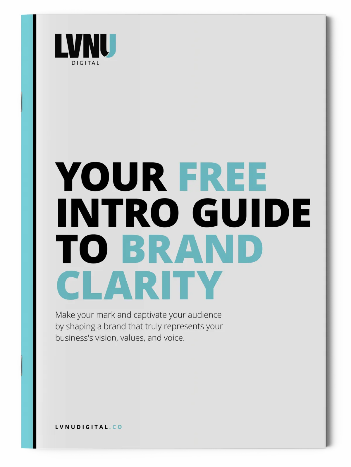 Overhead view of a booklet that reads: LVNU Digital; Your Free Intro Guide to Brand Clarity; Make your mark and captivate your audience by shaping a brand that truly represents your business's vision, values, and voice. 