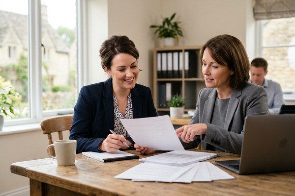 Small business owner in Wiltshire reviewing first-hire HR support with adviser
