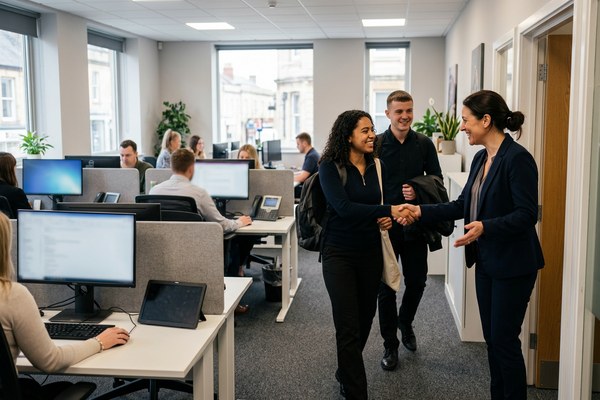 Temporary staff arriving at a busy Trowbridge workplace during a peak period
