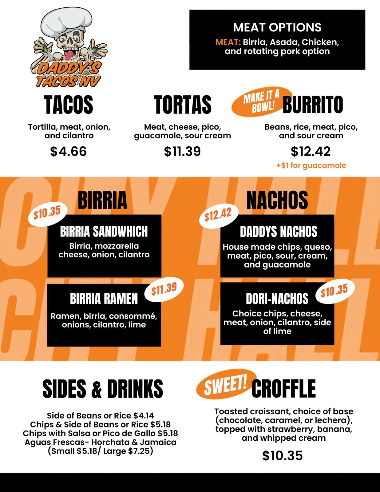 Daddy's Tacos Reno City Hall Menu