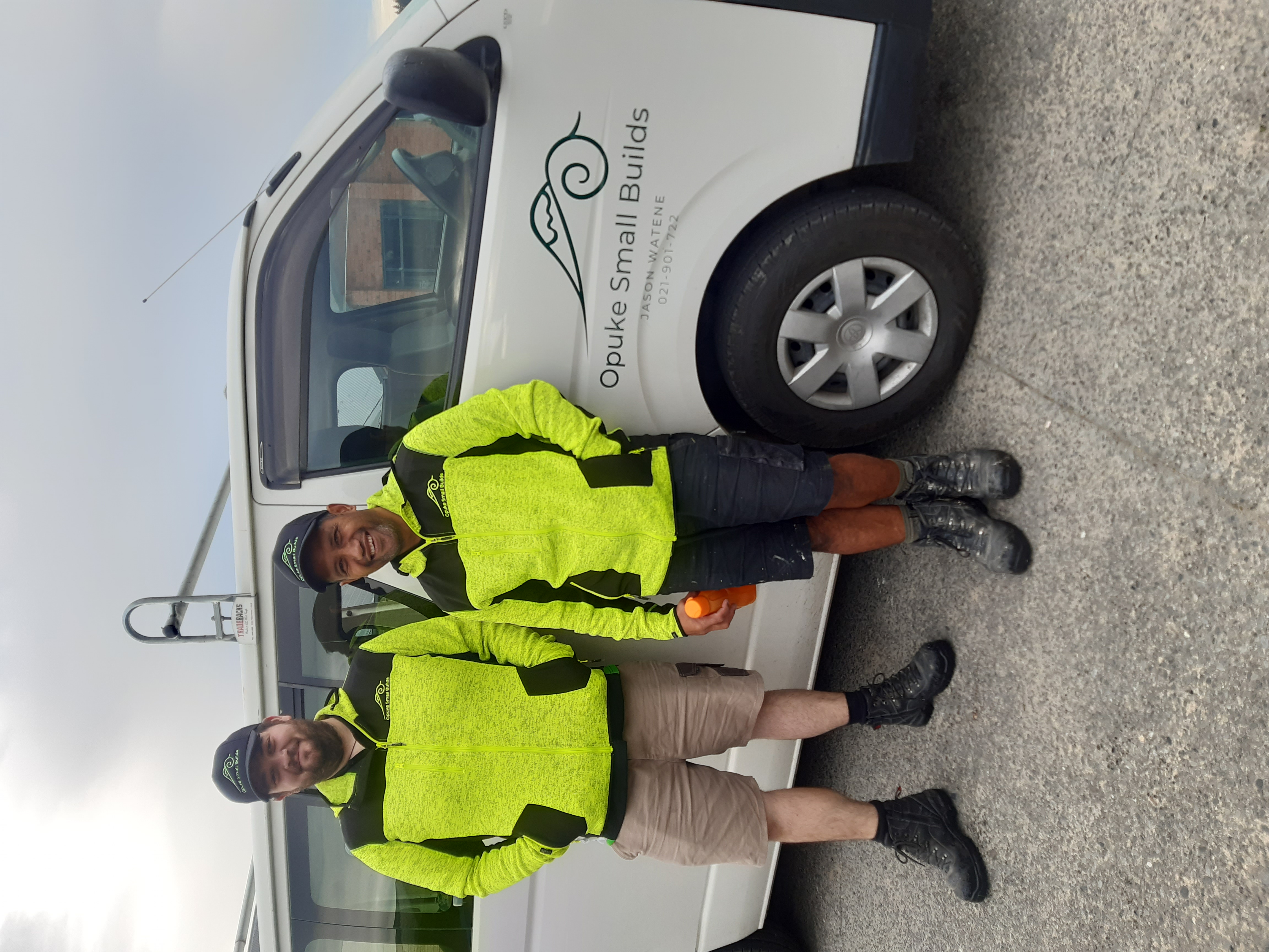 Jason Watene and the Opuke Small Builds team with their branded work van in Methven