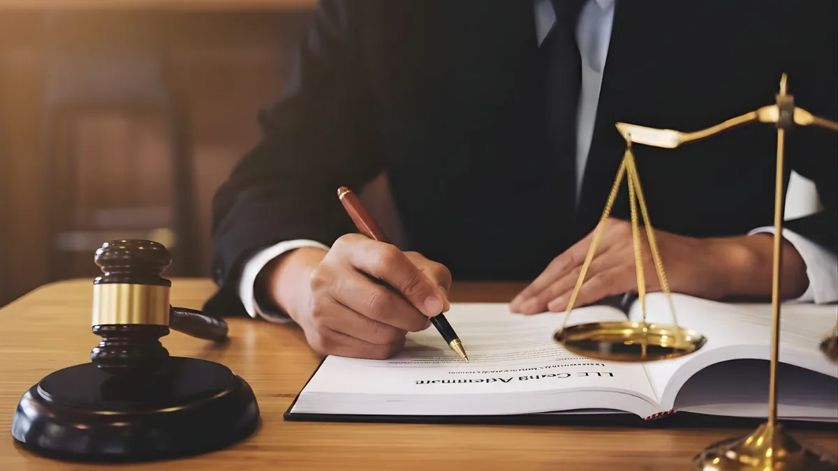 A pen signing an LLC operating agreement beside a gavel and the scales of justice