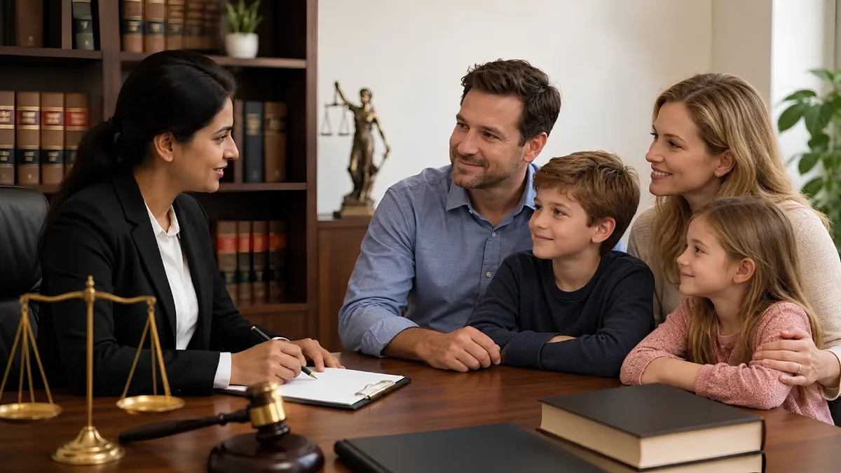 A couple and their two children meeting with an attorney at a desk with law books and scales of justice