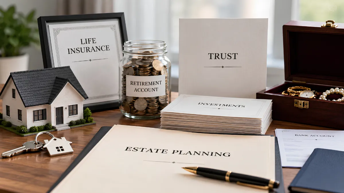 A desk with a card marked Trust, a retirement savings jar, a life insurance frame and a model house