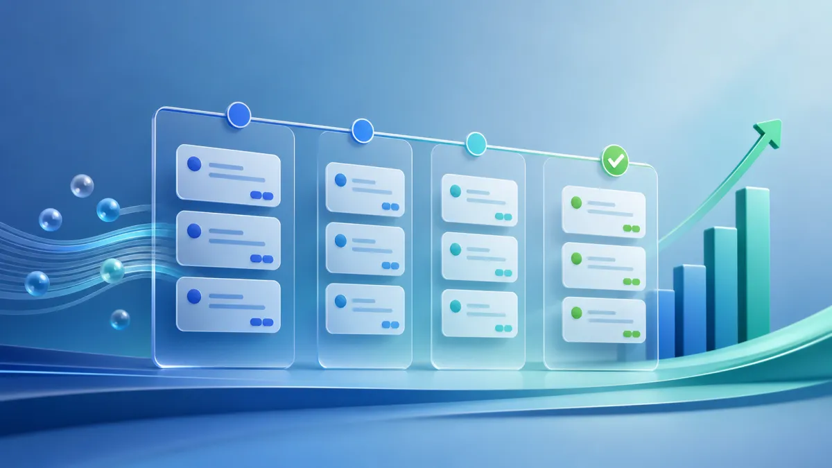 Visual representation of a sales pipeline with stages and opportunities moving through each step.