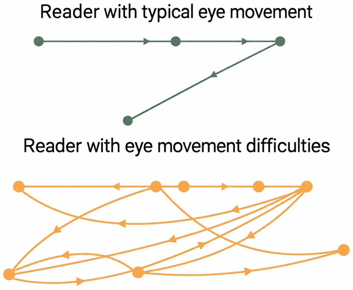 Illustration showing eye movements across a line of text for a dyslexia reader