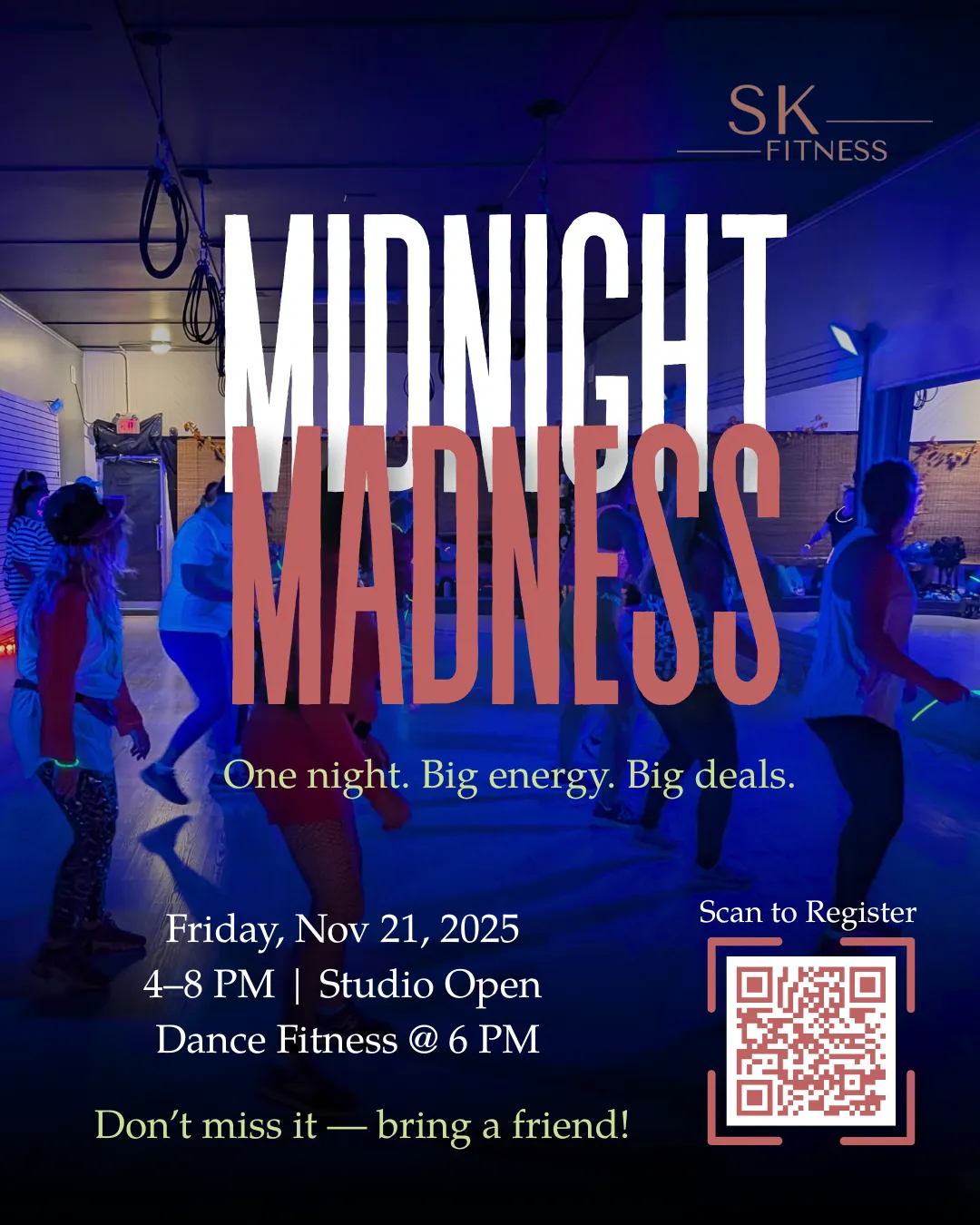 Night-time exterior of SKFitness Studio storefront with neon magenta signage and attendees arriving