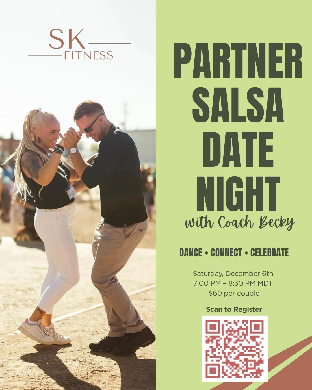 Night-time exterior of SKFitness Studio storefront with neon magenta signage and attendees arriving