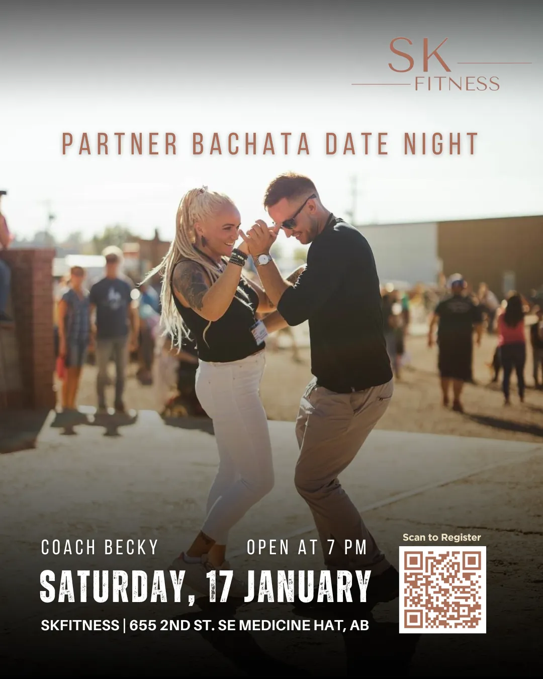 Night-time exterior of SKFitness Studio storefront with neon magenta signage and attendees arriving