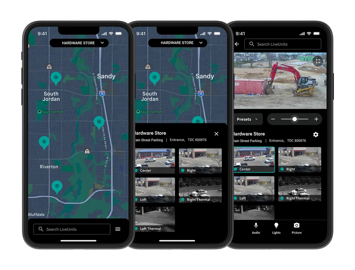 Live surveillance app interface displaying low-light camera feeds and map locations for security monitoring.