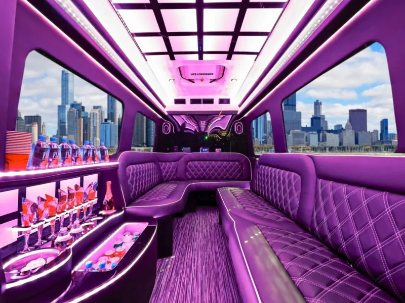Party bus interior with LED lighting for a bachelorette group in Palm Springs