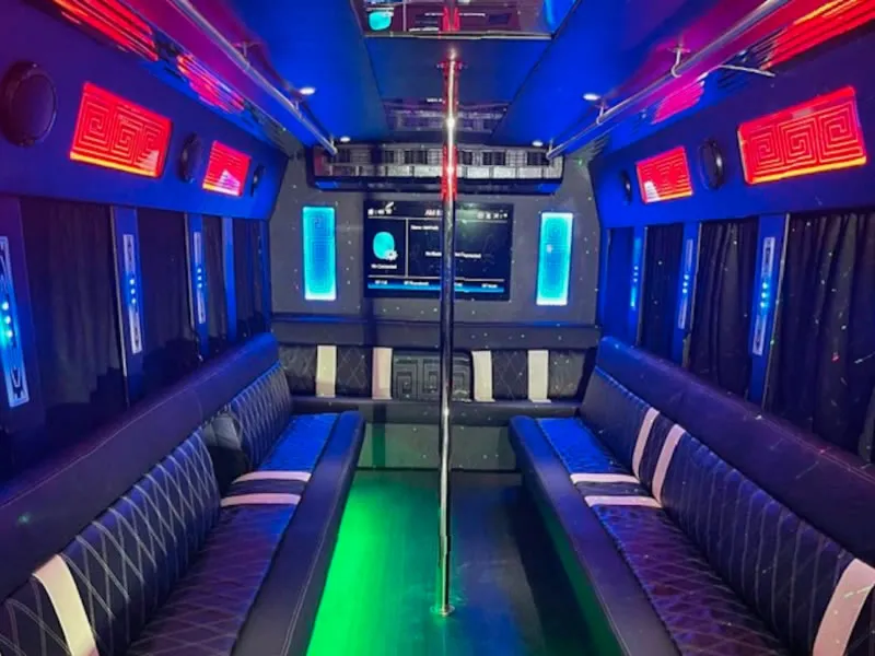 Interior seating of a party bus from Party Bus Newport Beach