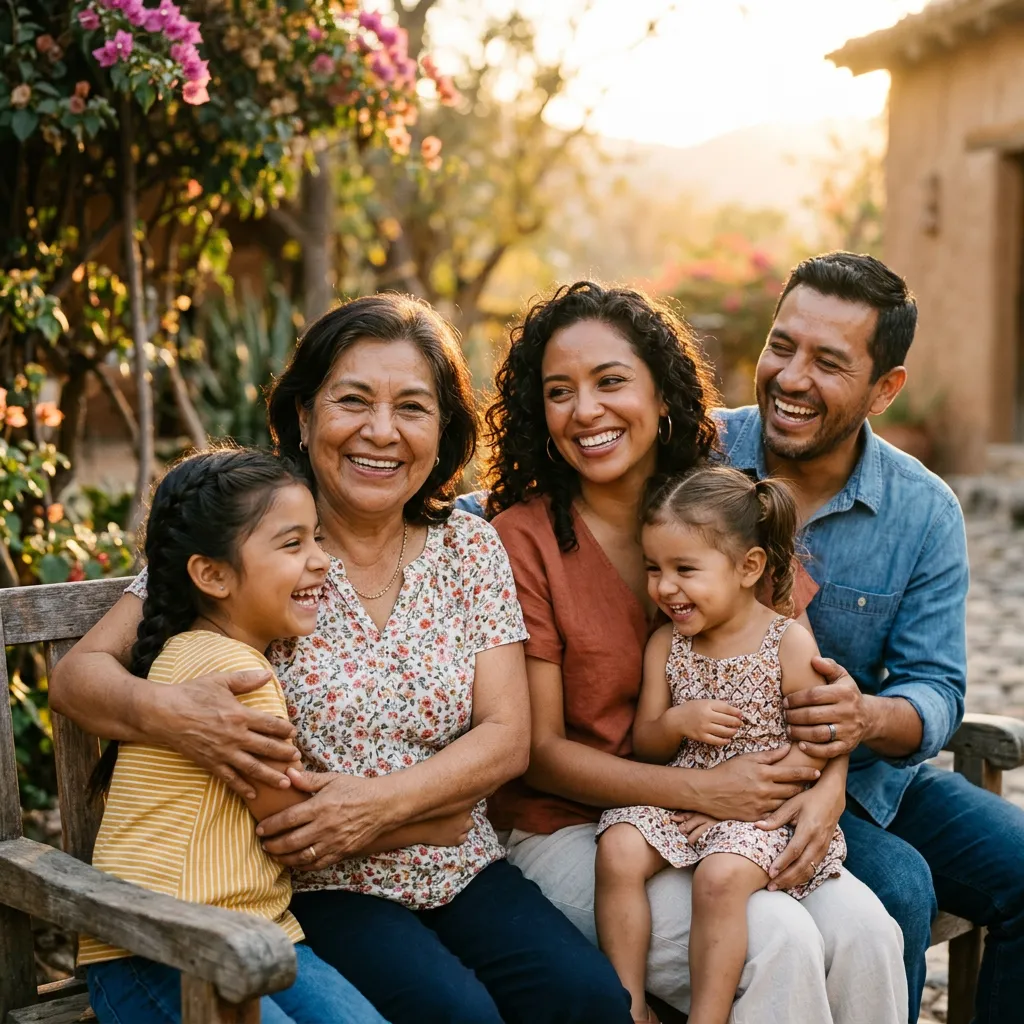 Loving multi-generational Hispanic family together outdoors smiling and confident about their financial future