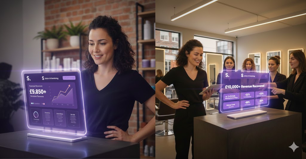 AI marketing dashboard showing £10,000+ revenue recovered for a hair salon